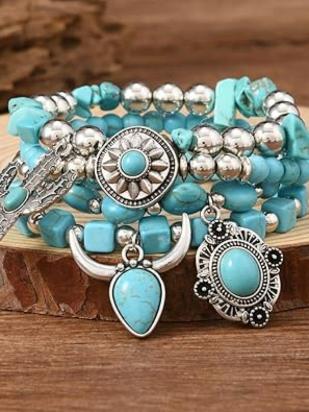 4 Boho Beaded Bracelet Set Stackable Stretchy Turquoise Cactus
